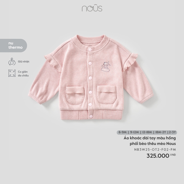 Áo khoác dài tay màu hồng phối bèo thêu mèo Nous (6M,9M,12M,18M,2Y)