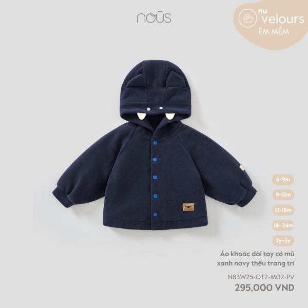 Nous Áo khoác dài tay có mũ xanh navy thêu trang trí 9,12,18,2YM