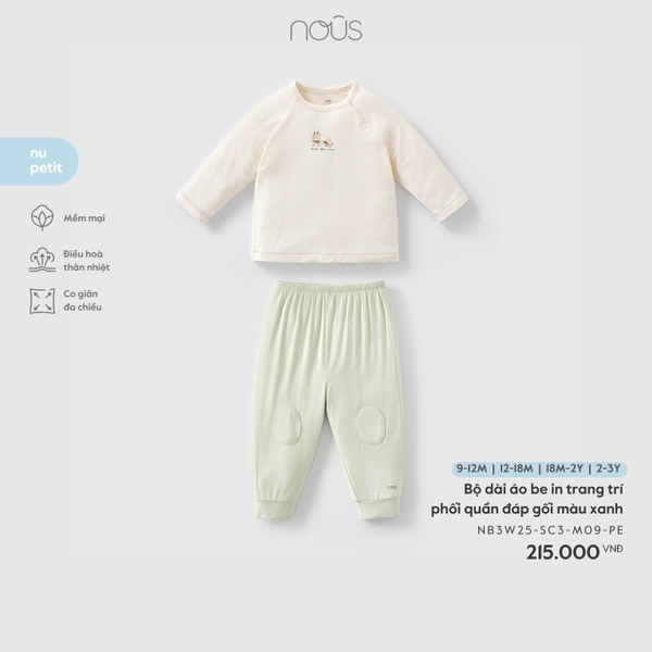 Bộ dài áo be in trang trí phối quần đáp gối màu xanh (9M,12M,18M,2Y)