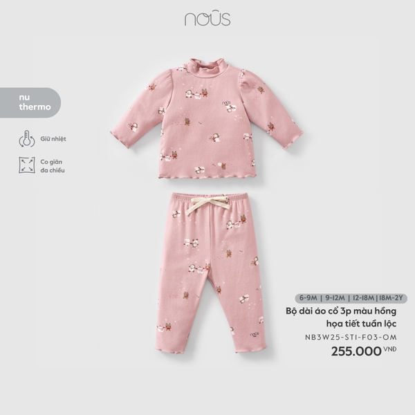 Bộ dài áo cổ 3p màu hồng họa tiết tuần lộc (6M,9M,12M,18M)