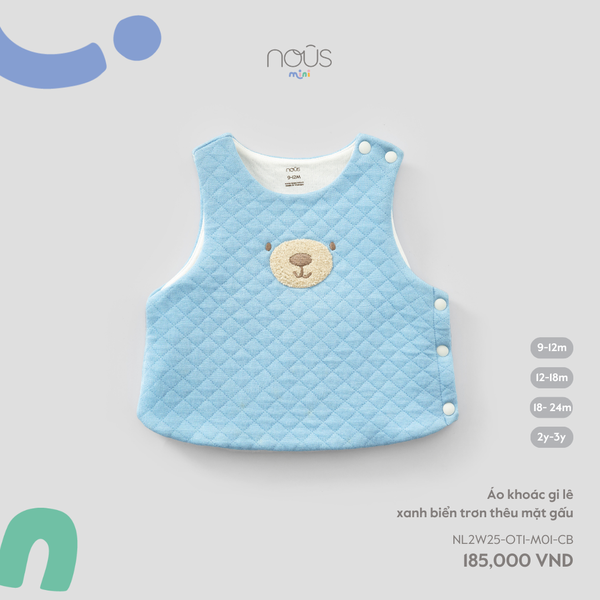 Nous Áo khoác gi lê xanh biển trơn thêu mặt gấu 9,12,18M,2Y