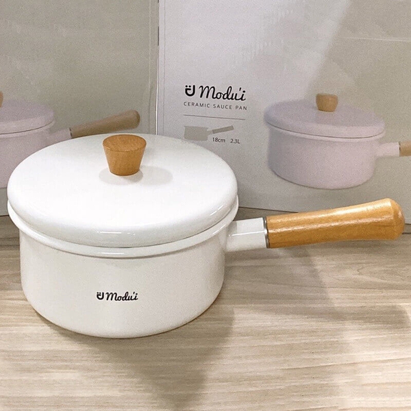 Nồi sứ Modui Pomo có nắp, cán gỗ phong cách Hàn Quốc