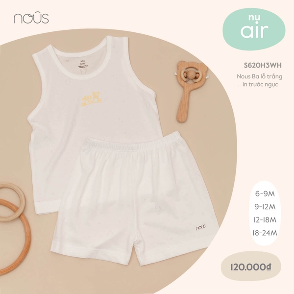 Nous Ba lỗ  trắng in trước ngực (6M, 9M, 12M, 18M)