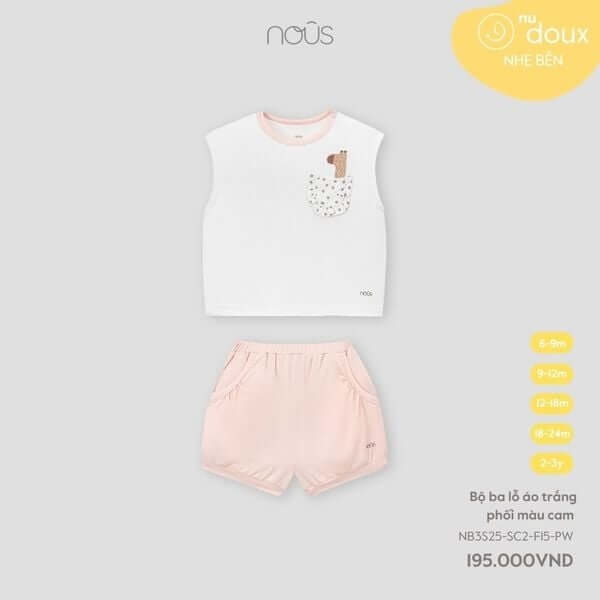 Nous Bộ ba lỗ áo trắng phối màu cam 6,9,12,18M,2Y