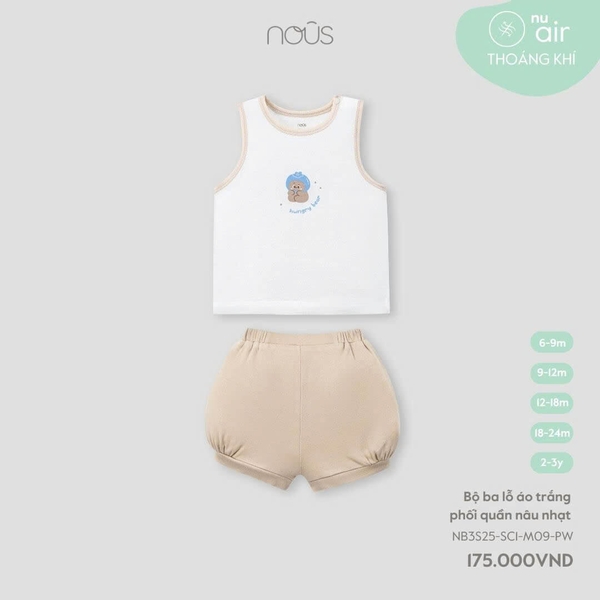 Nous Bộ ba lỗ áo trắng phối quần nâu nhạt 6,9,12,18M,2Y