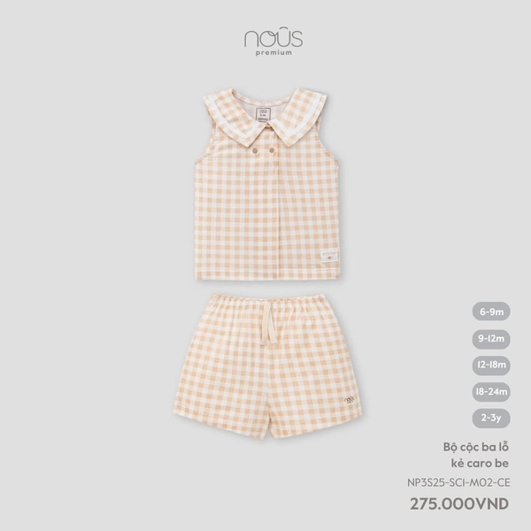 Nous Bộ cộc ba lỗ kẻ caro be 6,9,12,18M,2Y