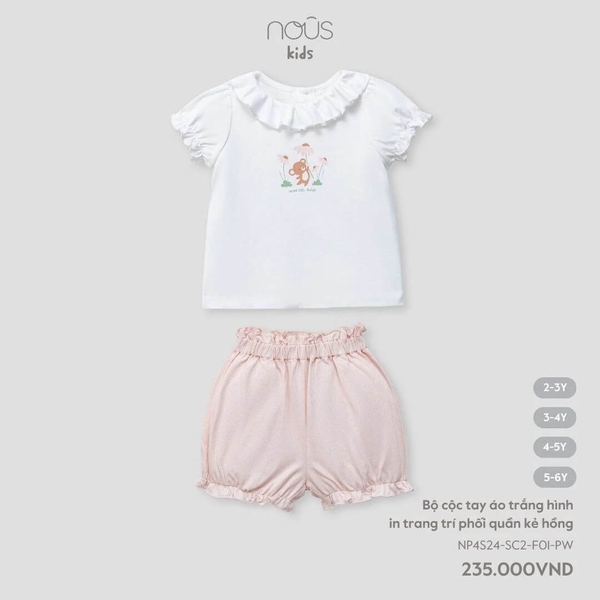 Nous - Bộ cộc tay áo trắng hình in trang trí phối quần kẻ hồng 2Y