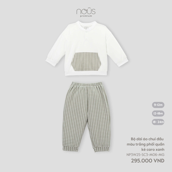 Nous Bộ dài áo chui đầu màu trắng phối quần kẻ caro xanh 9,12,18M