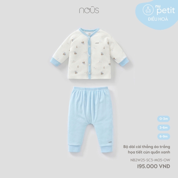 Nous Bộ dài cài thẳng áo trắng họa tiết cún quần xanh 0,3,6M