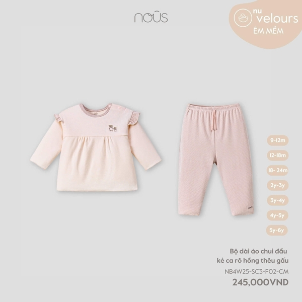 Nous Bộ dài tay áo dáng xòe phối ca rô nâu thêu gấu 6,9,12,18M