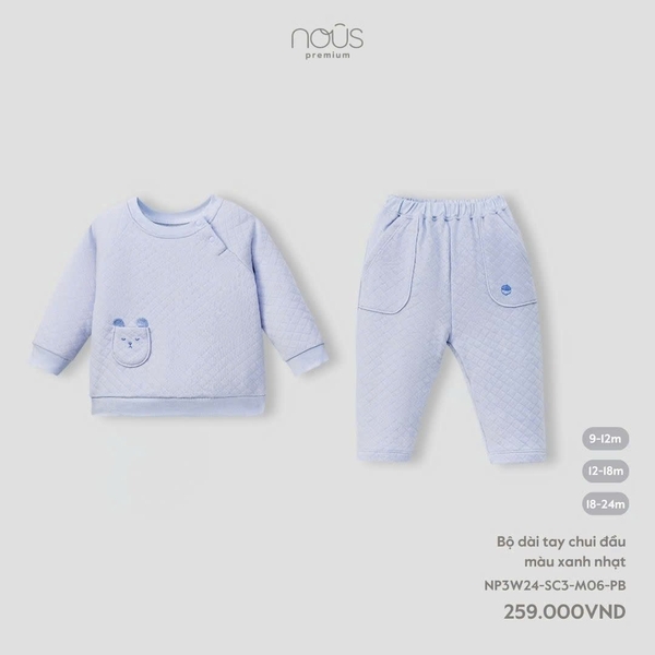 Nous - Bộ dài tay chui đầu màu xanh nhạt 9,12,18M