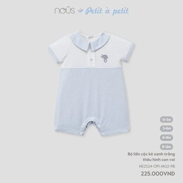 Nous - Bộ liền cộc kẻ xanh trắng thêu hình con voi 0M, 3M, 6M, 9M