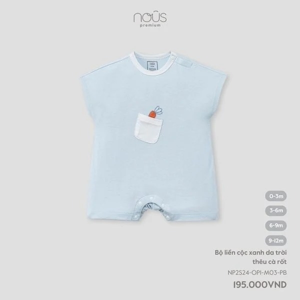 Nous - Bộ liền cộc xanh da trời thêu cà rốt 0M, 3M, 6M, 9M