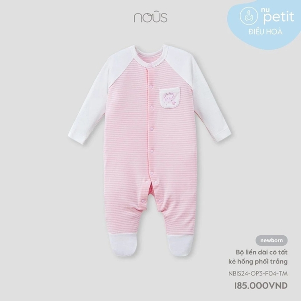 Nous - Bộ liền dài có tất kẻ hồng phối trắng NB