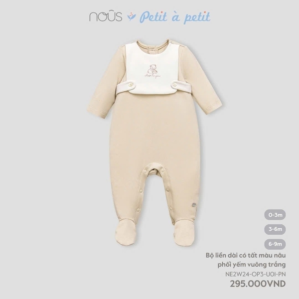 Nous - Bộ liền dài có tất màu nâu phối yếm vuông trắng 0M, 3M, 6M