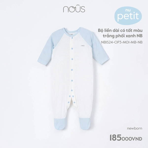 Nous - Bộ liền dài có tất màu trắng phối xanh Newborn