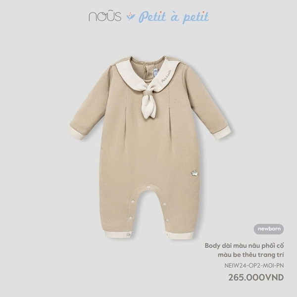 Nous - Body dài màu nâu phối cổ màu be thêu trang trí NB