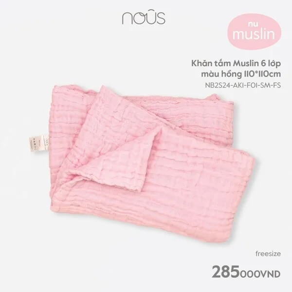 Nous - Khăn tắm Muslin 6 lớp màu hồng 110*110cm