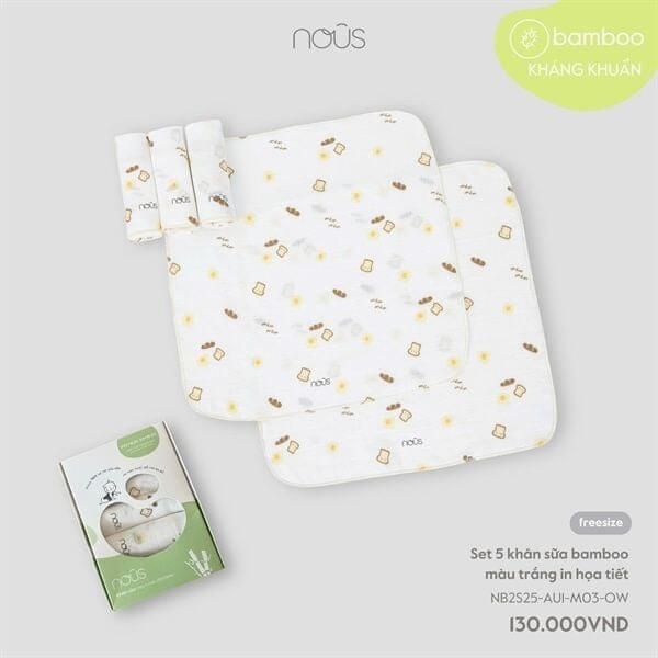Nous Set 5 khăn sữa bamboo màu trắng in họa tiết