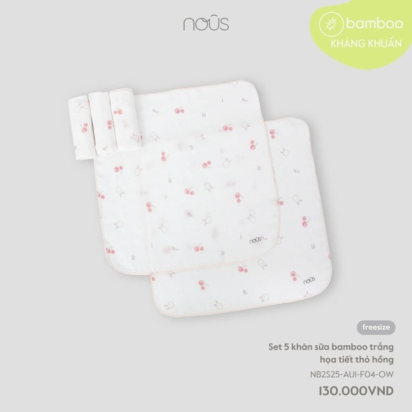 Nous Set 5 khăn sữa bamboo trắng họa tiết thỏ hồng