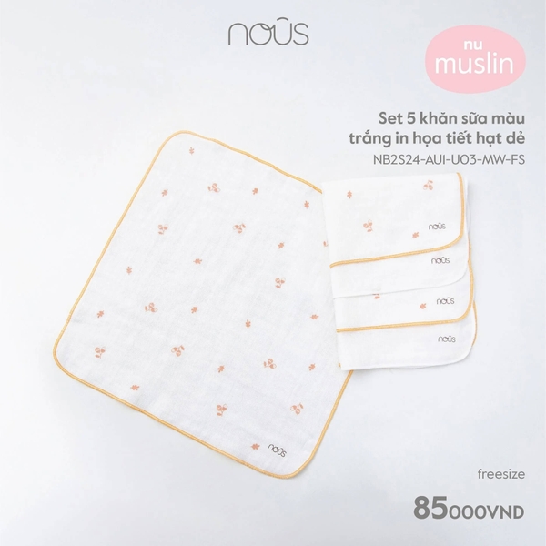 Nous - Set 5 khăn sữa màu trắng in họa tiết hạt dẻ