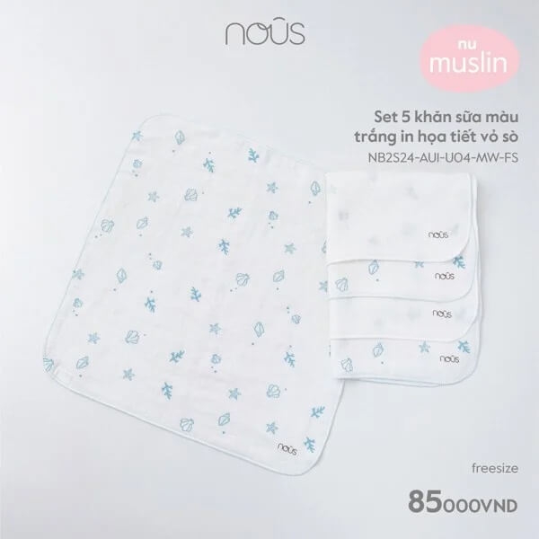 Nous - Set 5 khăn sữa màu trắng in họa tiết vỏ sò