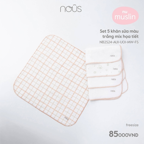 Nous - Set 5 khăn sữa màu trắng mix họa tiết