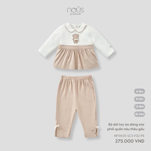 Nous Bộ dài tay áo dáng xòe phối ca rô nâu thêu gấu 6,9,12,18M