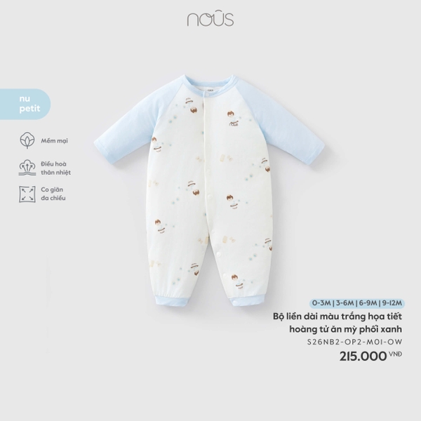 Nous Bộ liền dài màu trắng họa tiết hoàng tử ăn mỳ phối xanh (0M,3M,6M)