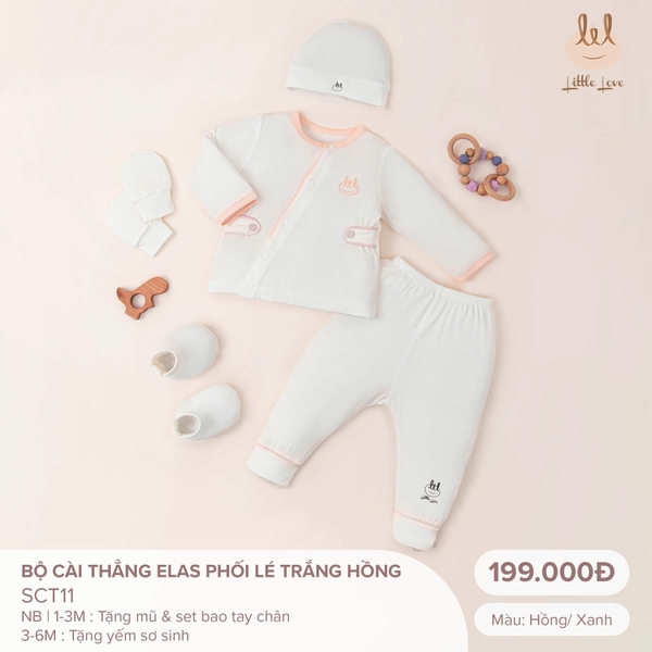 Little Love Bộ Cài Thẳng Elas Phối Lé Trắng Hồng (3-6M,1-3M,Newborn)