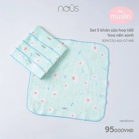 Nous - Set 5 khăn sữa hoạ tiết hoa nền xanh