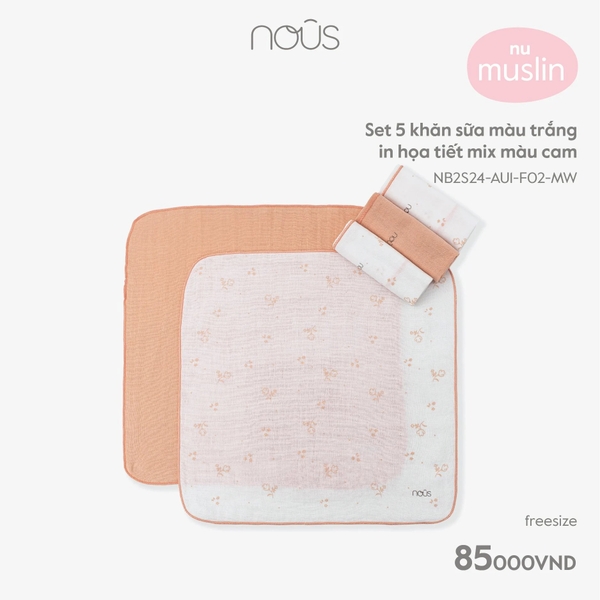 Nous - Set 5 khăn sữa màu trắng in họa tiết mix màu cam