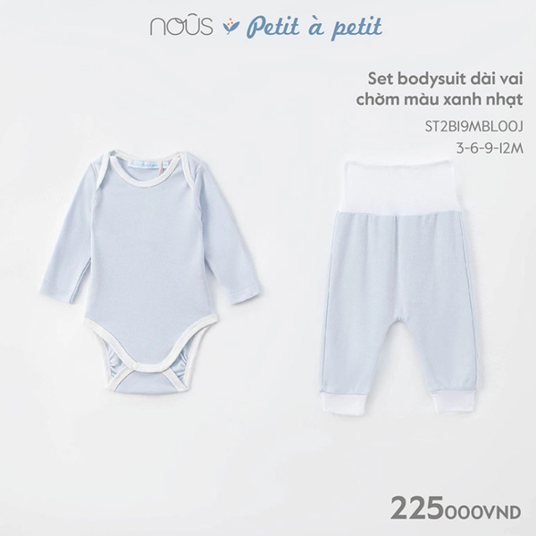 Set bodysuit Nous dài vai chờm màu xanh nhạt  3M, 6M, 9M, 12M