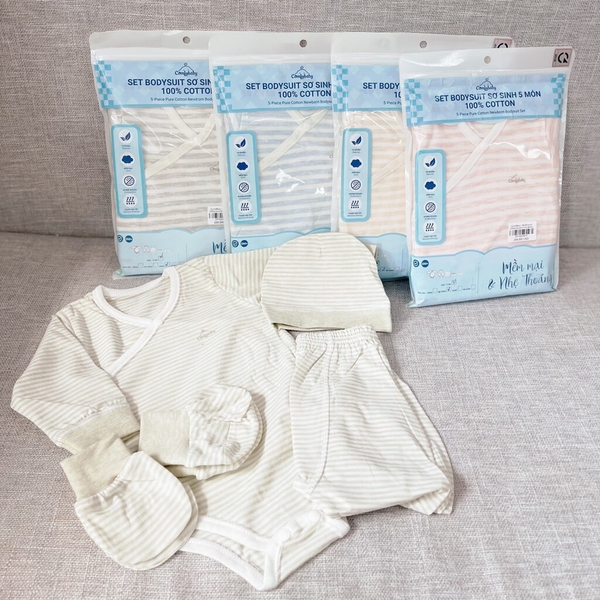 Set Bodysuit THU ĐÔNG ComfyBaby sơ sinh 5 món (quần áo dài, bao tay chân, mũ)  (Màu Be, màu Xanh dương, màu Xanh lá)