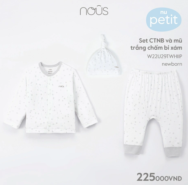 Set Nous dài tay CTNB và mũ trắng chấm bi xám NB