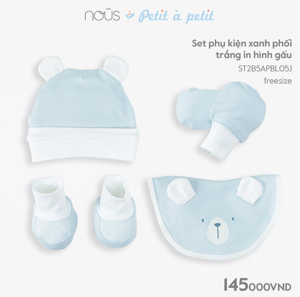 Set phụ kiện xanh phối trắng in hình gấu
