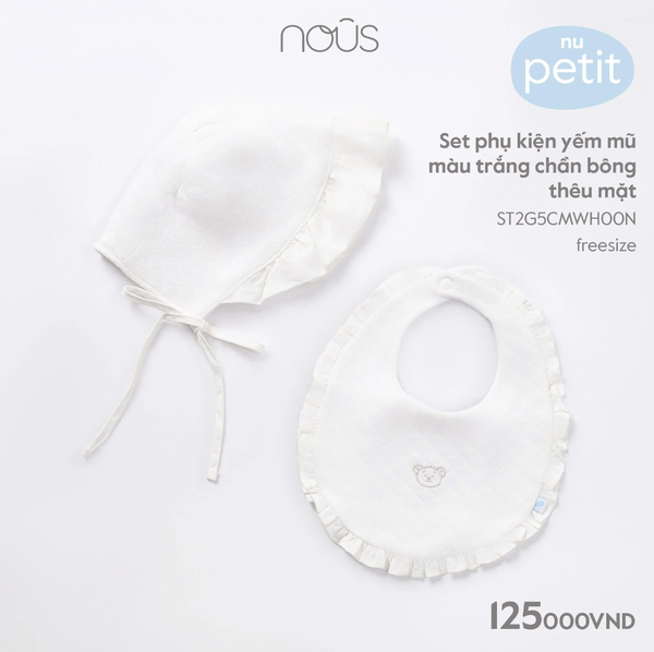 Set phụ kiện yếm mũ màu trắng chần bông thêu mặt gấu nous
