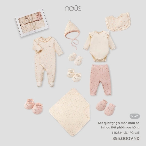 Nous - Set quà tặng 9 món màu be in họa tiết phối màu hồng 0M