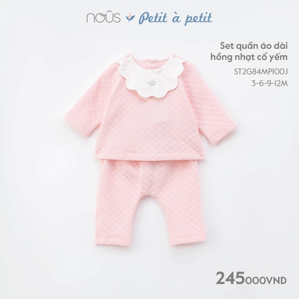 Set quần áo Nous dài hồng nhạt cổ yếm từ 3 dến 18 tháng