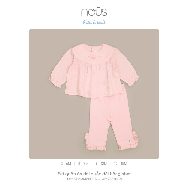 Set quần áo Nous dài quần dài hồng nhạt (3M-12M)