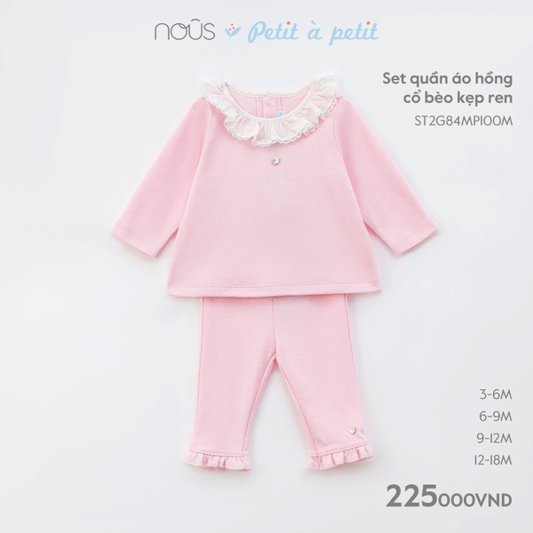 Nous - Set quần áo hồng cổ bèo kẹp ren 3M