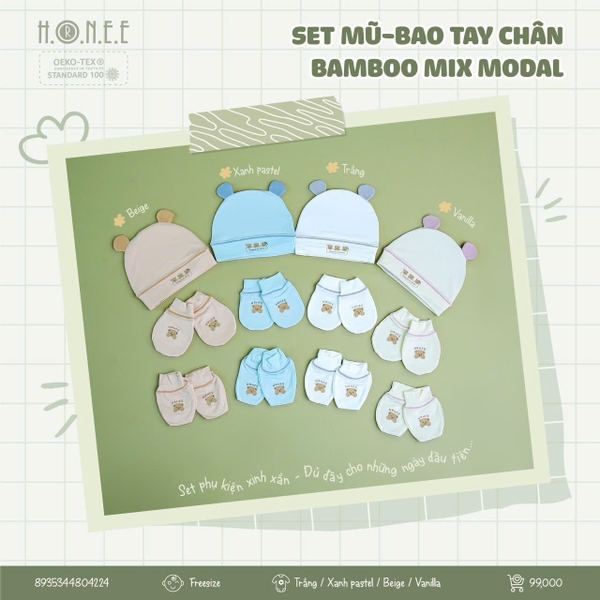 Hrnee Set PK mũ bao tay chân Bamboo Xanh pastel