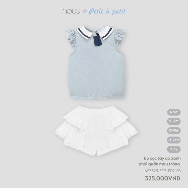 Nous Bộ cộc tay áo xanh phối quần màu trắng 6,9,12,18M,2Y