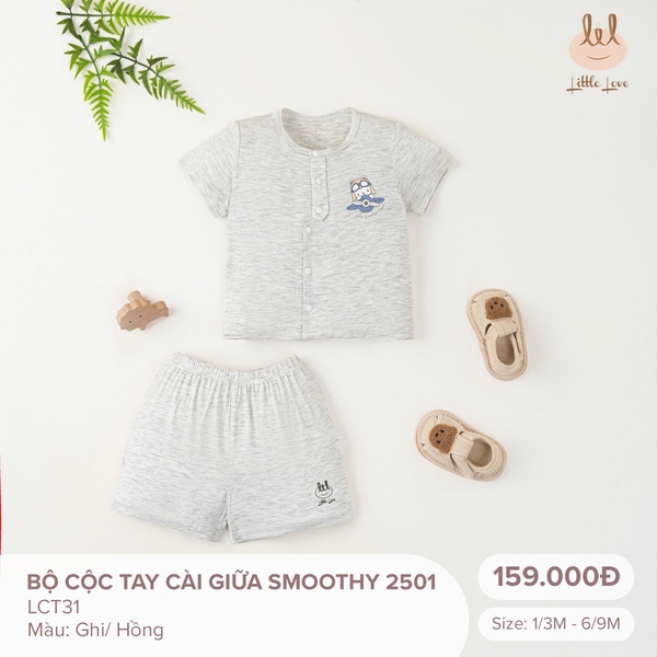 Little Love Bộ Cộc Tay Cài Giữa Smoothy 2501 Ghi (6-9M,3-6M)
