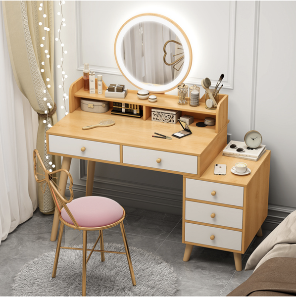 Bàn trang điểm chân gỗ tự nhiên chắc chắn kèm tủ lưu trữ đồ đa năng, bàn phấn đơn giản hiện đại có đèn LED cảm ứng