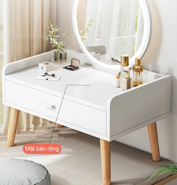 Bàn trang điểm ngồi bệt tích hợp đèn LED có nút cảm ứng thông minh chân gỗ tự nhiên phong cách Bắc Âu