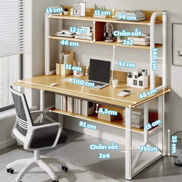 Bàn Học, Bàn Làm Việc Nội Thất 5C Kèm Giá Sách, Chân Sắt Sơn Tĩnh Điện 20x40mm, 25x25mm, Mặt Gỗ MDF Dày 15mm Hiện Đại BH-097