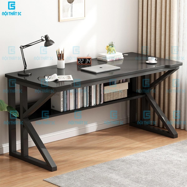 Bàn gaming, bàn làm việc có kệ lửng kèm phụ kiện giá đựng cốc và giá treo tai nghe tiện lợi