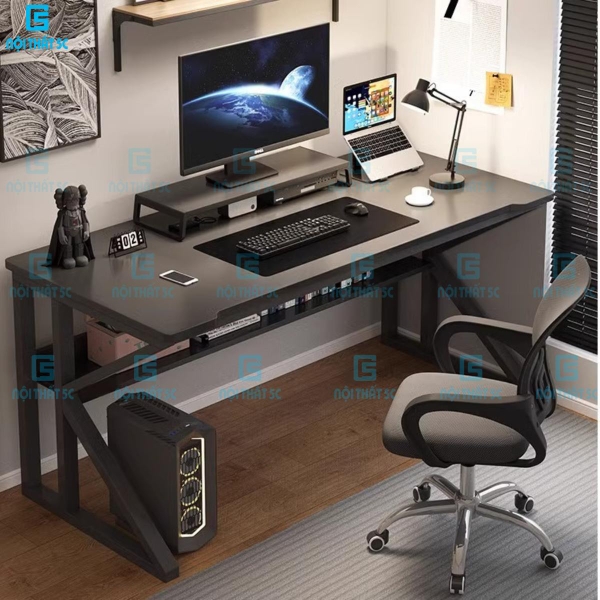 Bàn gaming, bàn làm việc có kệ lửng kèm phụ kiện giá đựng cốc và giá treo tai nghe tiện lợi