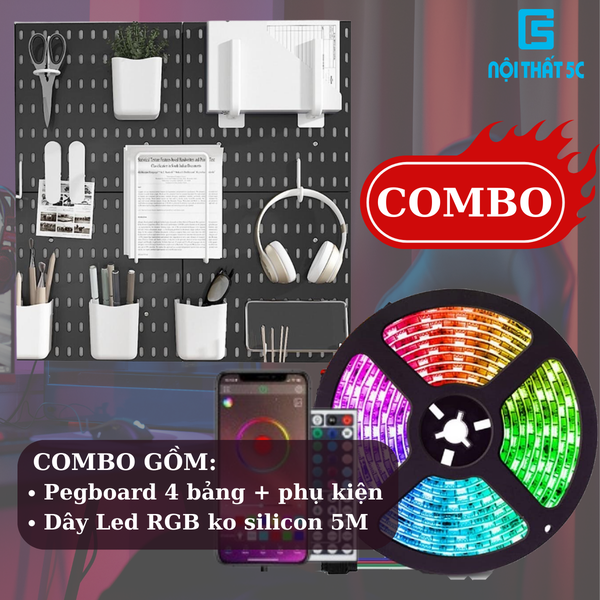 Combo 4 bảng pegboard(đen) + 6 phụ kiện kèm + dây LED RGB 5M 60b/m